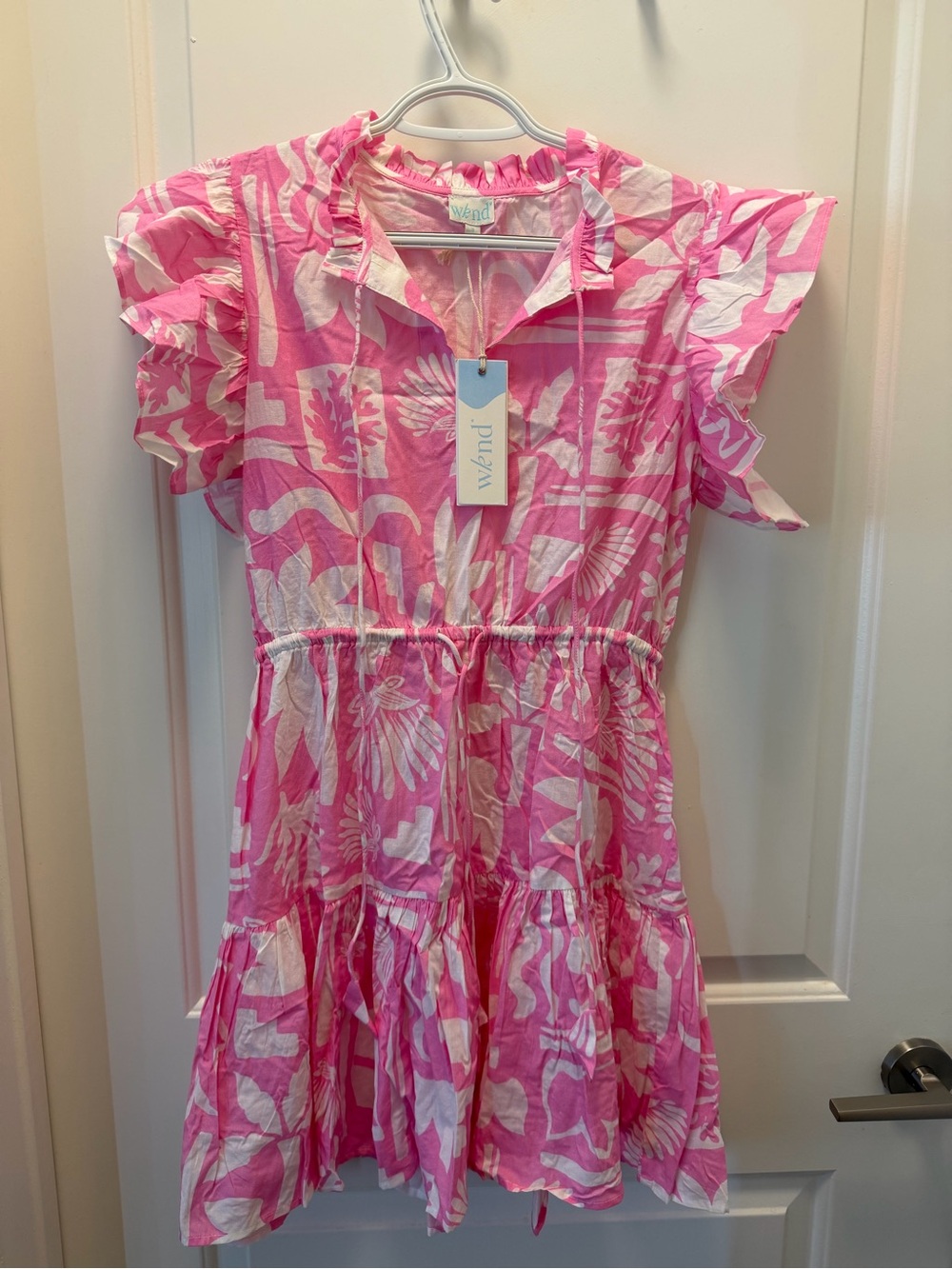 Vivid Pink & White Floral Tie-Waist Mini Dress